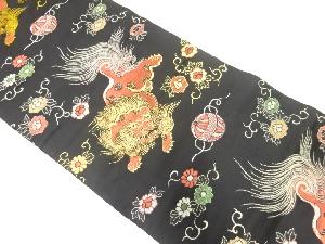 夏帯 絽 アンティーク帯 名古屋帯 刺繍 流水に鯉 薄灰緑色 AO-3024